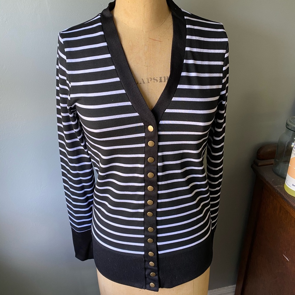 Coco & Main Med Black White Stripe Snap Cardigan
